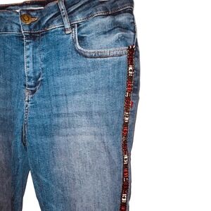 Zara Denim Wear Skinny Jeans Medium Wash Embroidered Side Stripe Red Blue Size 8